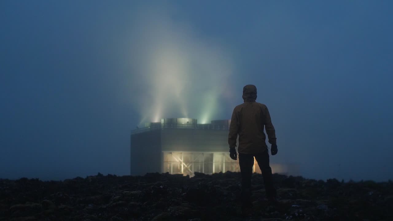 iceland, blue lagoon, Svartsengi geothermal power station at night, silhouette of a one person walking towards the factory, medium wide shot