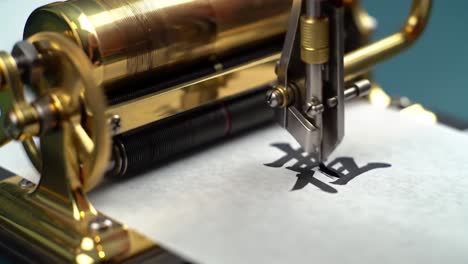 intricate mechanisms of an artistic calligraphy device captured in the crafting process, showcasing precision and beauty in every stroke