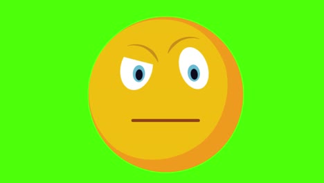 animación en 3d de una cara circular amarilla escéptica sobre un fondo verde