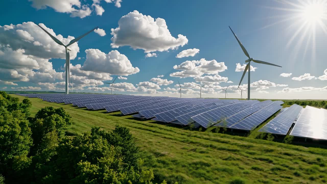 Video aéreo captura paneles solares y aerogeneradores en un día soleado, mostrando energía renovable