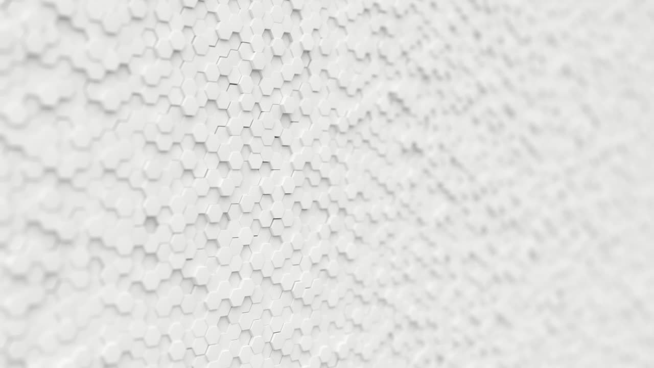 Abstract white minimalistic background made of plastic hexagons with shallow depth of field. Light minimal hexagonal grid pattern animation in modern clean white. Seamless loop 3d render