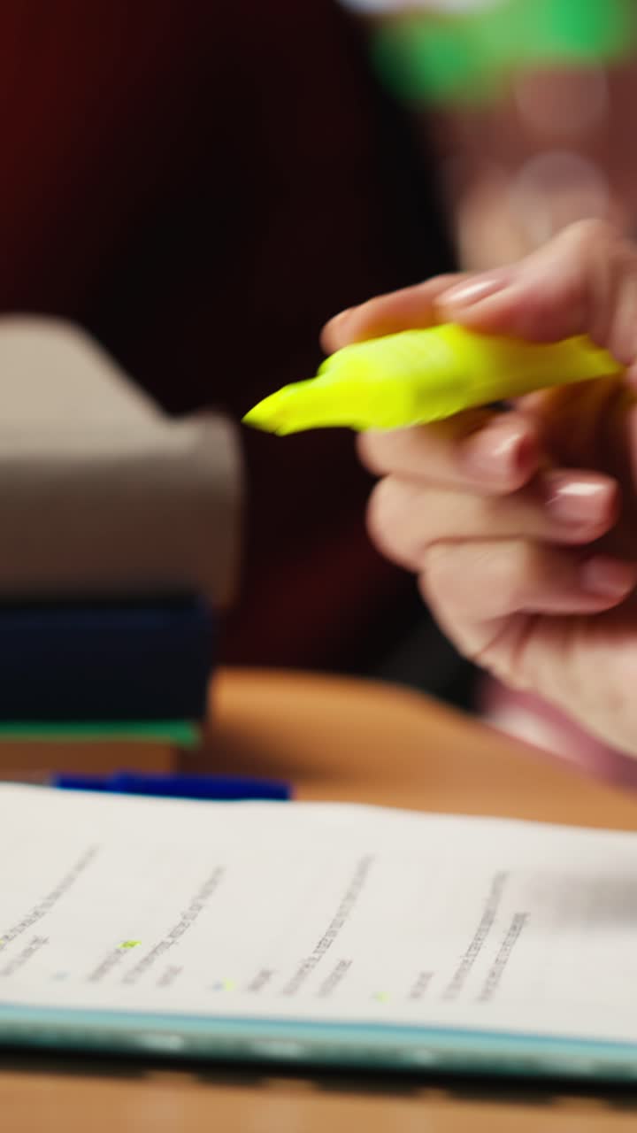 Vertical Video Aged woman studying in a campus library with highlighter pen on materials