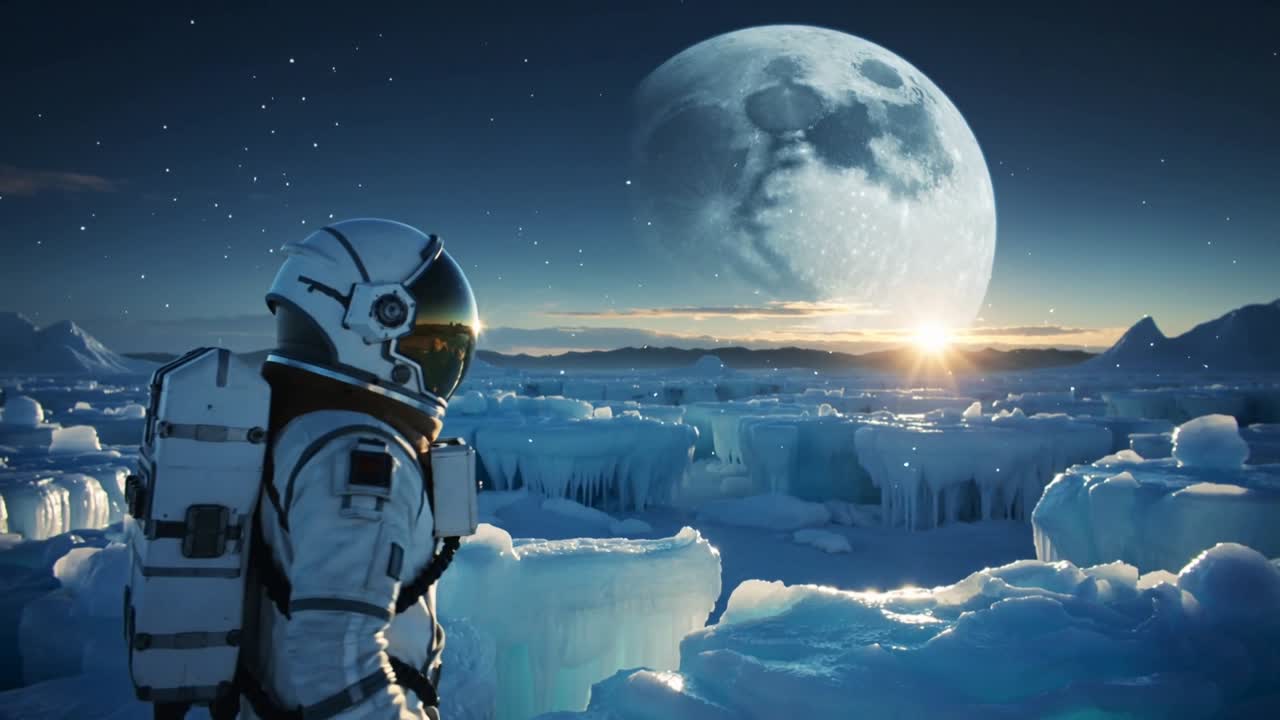 En astronaut i hvid rumdragt og med rygsæk træder på en frossen slette, ser solopgang og måne, med plads til tekst.