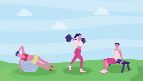 tres atletas practicando ejercicios personajes de animación