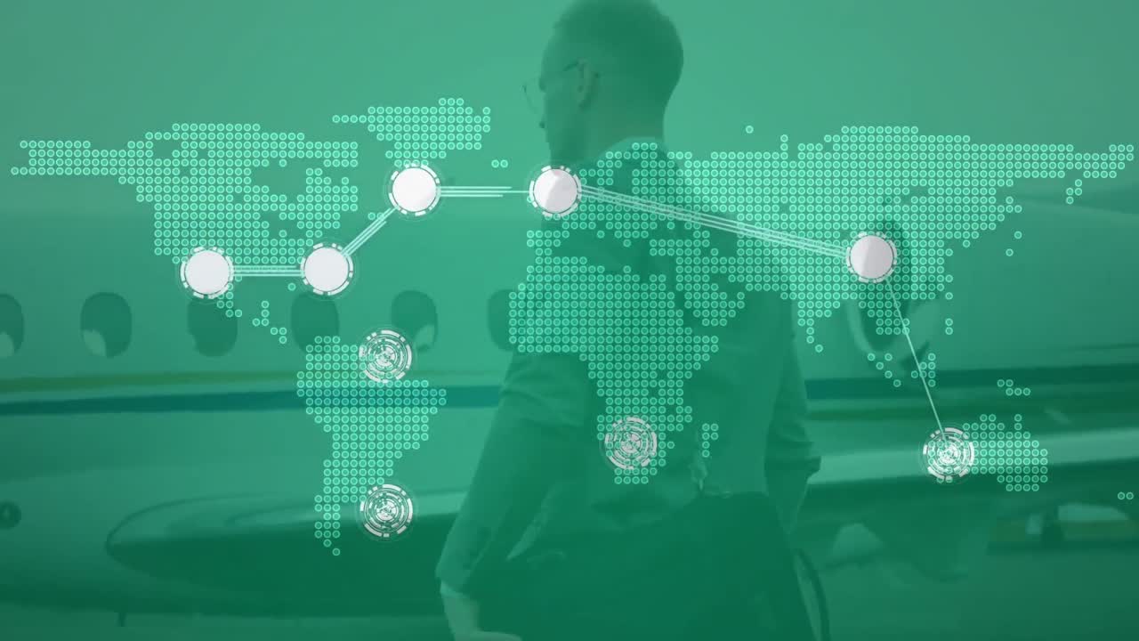 Animation of network of connections over world map, airplane and businessman