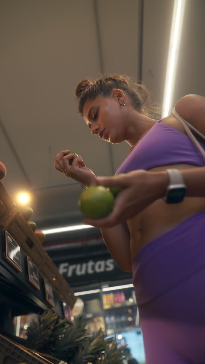 mujer comprando frutas frescas en una tienda de comestibles