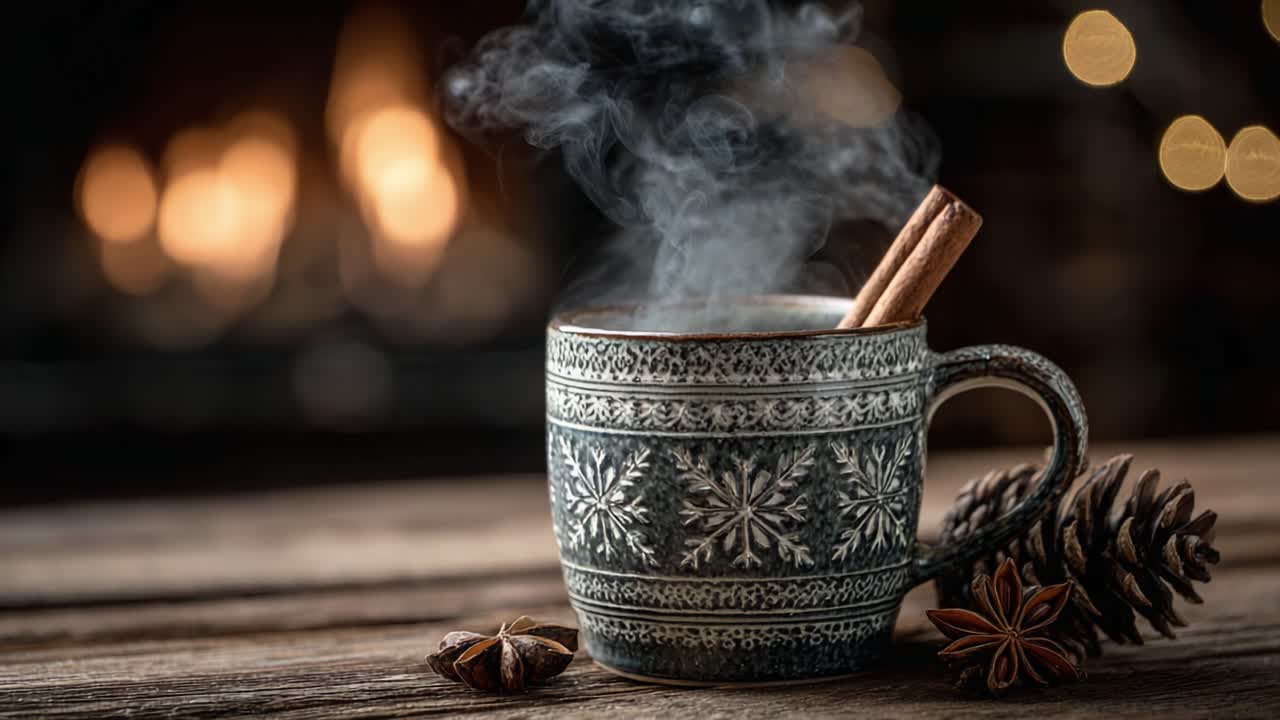 A Cozy Moment: Steaming Mug of Aromatic Beverage with Cinnamon Sticks and Pine Cones Set Against a Warm, Inviting Fireplace Ambience