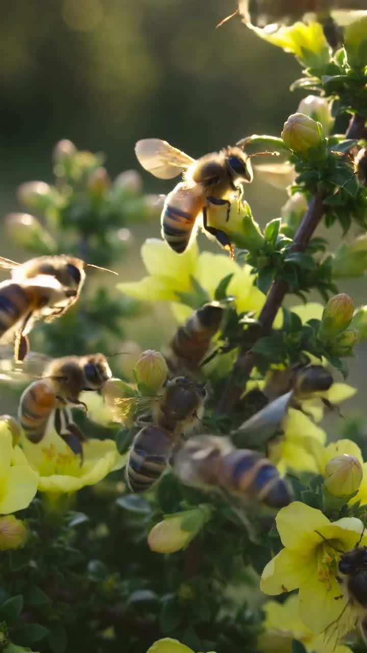 Vertical video: Buzzing honeybees prompted by sun, collecting nectar from yellow blooms in garden