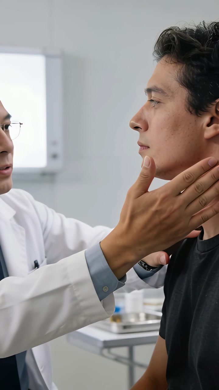 Video verticale: Medico in camice bianco che allunga la mano, palpando il collo del paziente in clinica per controllare la tiroide