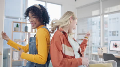 women, lesbian couple and dance in home