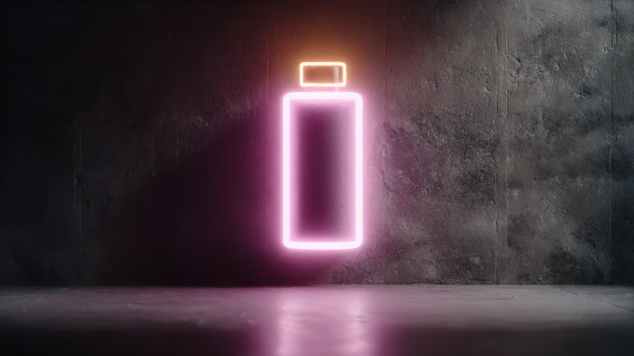 Colorful Neon Battery Icon Illuminated Against Dark Concrete Wall, Captivating Visual Representation of Energy and Power in a Modern Aesthetic Setting
