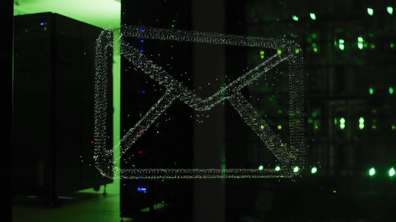 Animation of mail icon and digital data processing over computer servers