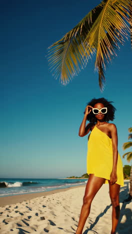 woman in yellow dress on tropical beach
