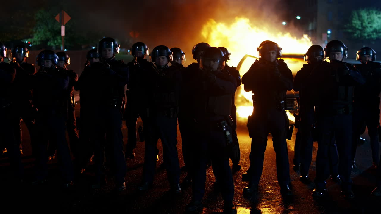 Police Officers in Riot Gear Stand Guard During Nighttime Protest with Burning Car