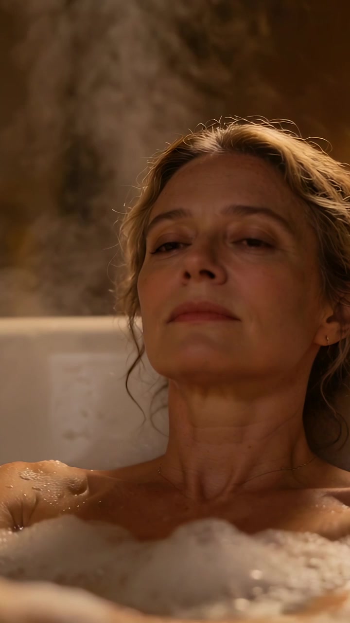 Vertical video: Reclining woman feeling steam, tilting head and opening eyes in bathtub with foam