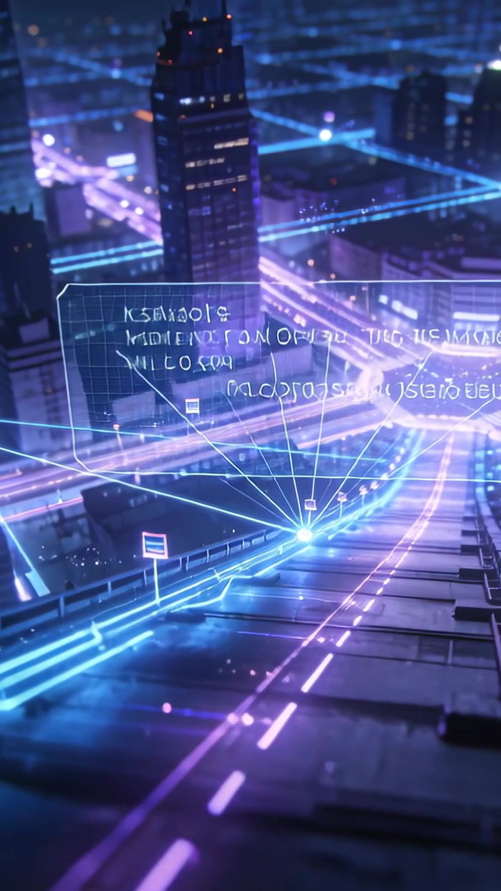 Video verticale: Scie al neon animate di notte che si uniscono verso un nodo, mostrando un pannello dati che indica il flusso