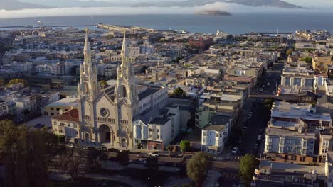 aerial: church view in downtown, drone view