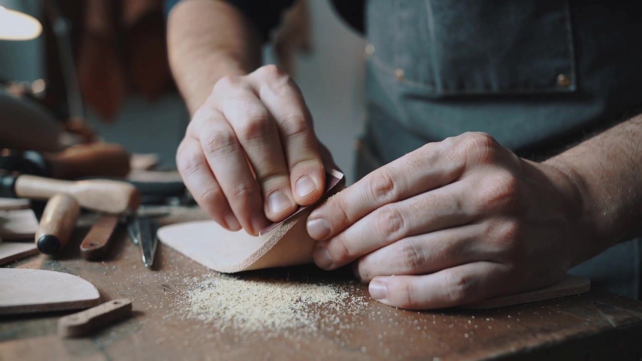 Picking up abrasive, maker in dark shirt and apron sanding curved hide edge at bench, smoothing