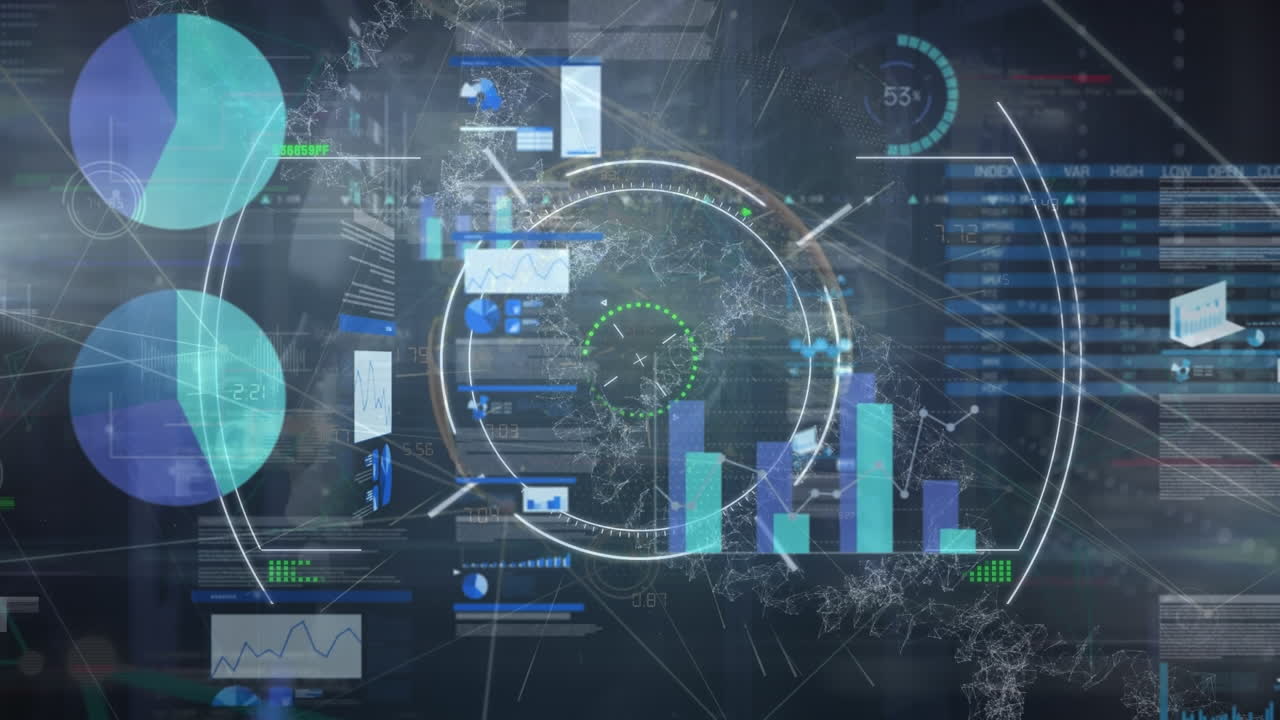 Animation of network of connections with scope scanning and data processing on black background