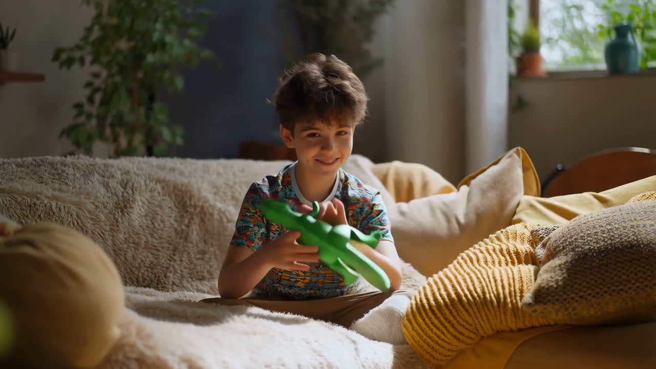 Niño feliz jugando con un dinosaurio de juguete en el sofá