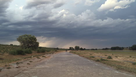 The-view-from-inside-a-safari-vehicle-of-the-rain-and-flooding-along-sand-roads-of-the-Kalahari-in-the-Kgalagadi-Transfrontier-park