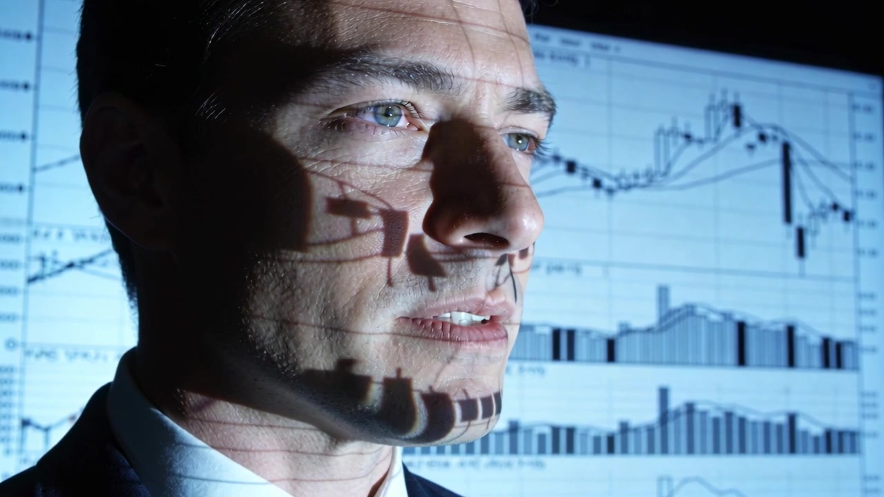 Casting charts across man in dark suit speaking at presentation, pointing to falling candlestick