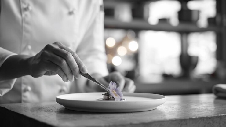 Uno chef applica delicatamente fiori commestibili a un piatto gourmet in uno studio culinario, mettendo in mostra la presentazione artistica e l'attenzione ai dettagli nell'alta cucina.