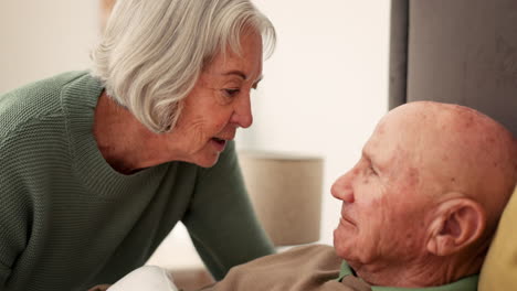 sick, kiss forehead and old couple in bed