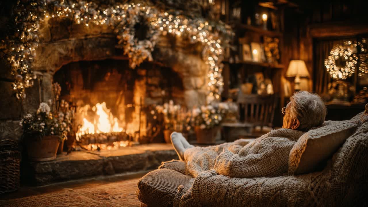 Cozy Moments: An Evening by the Hearth with Warmth, Lights, and Relaxation in a Serene Rustic Setting