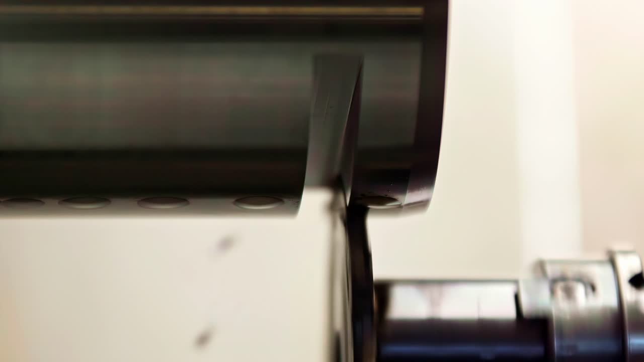 Nærbillede i slow motion af roterende industriel valse og aksel inde i en produktionsmaskine, metalcylinder, der drejer rundt i fabriksudstyr til produktion og forarbejdning