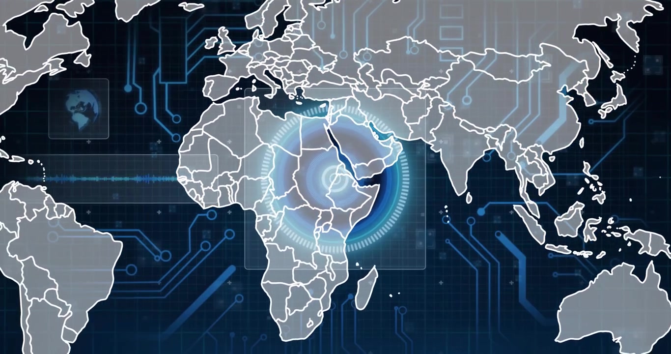 On load, animating global map pulsing rings, rotating reticle focusing central-western Africa