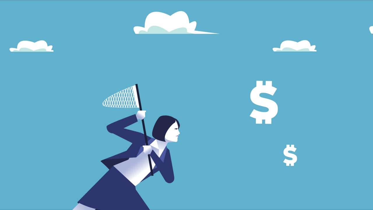 멋진 사업가 여성, 치 네트와 달러 기호를 가진 노동자