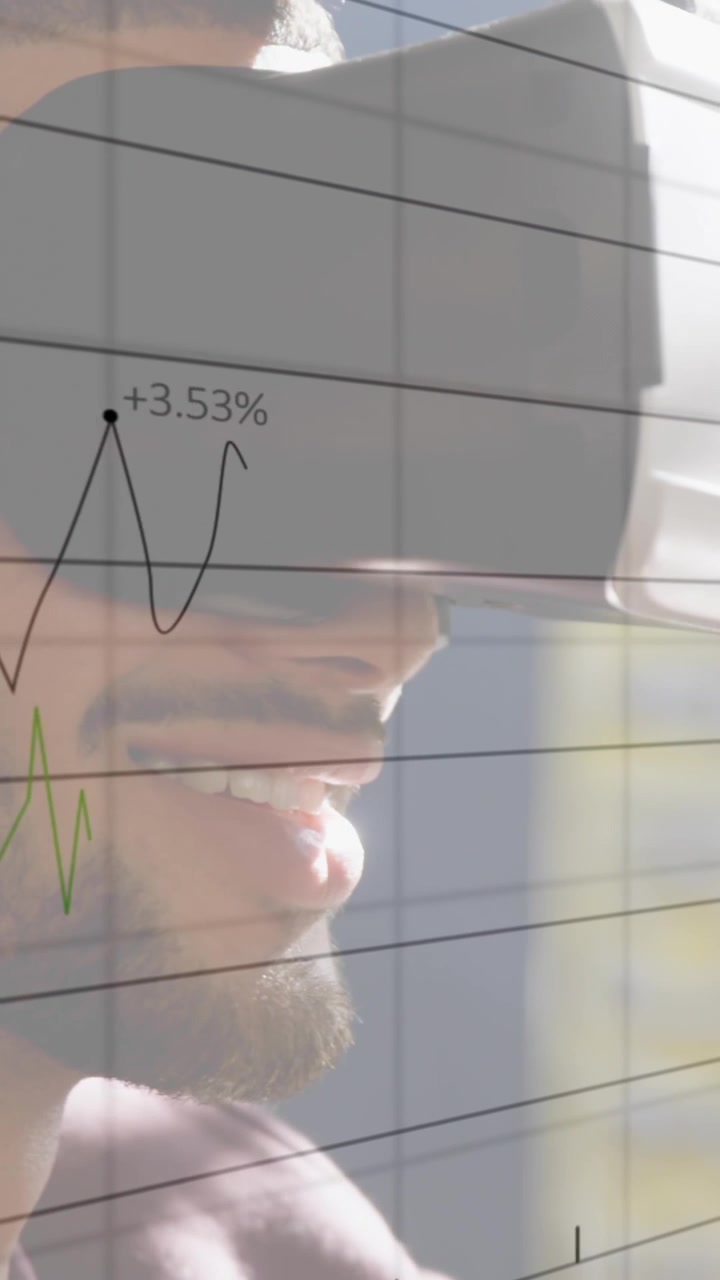 Animazione di elaborazione dati finanziari su un uomo d'affari che utilizza un visore VR