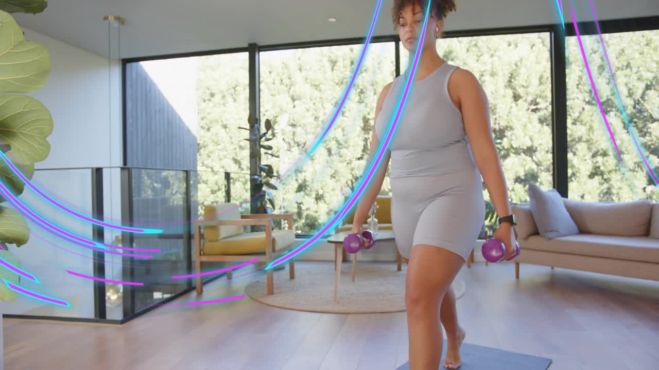 Woman doing lunges on yoga mat in living room, animated streaks signaling start, building strength