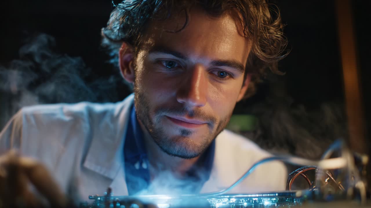 A focused engineer meticulously examines intricate circuitry while surrounded by ethereal wisps of smoke, showcasing the delicate balance of science and innovation in electronic exploration