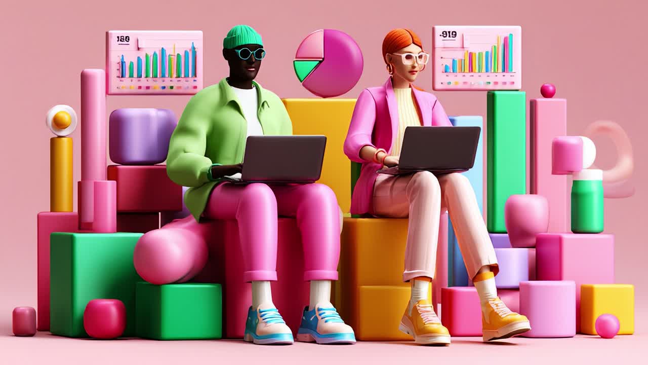 A vibrant and stylized scene featuring two animated figures, engrossed in their laptops amidst colorful geometric shapes and dynamic graphs, illustrating the world of data analysis and teamwork