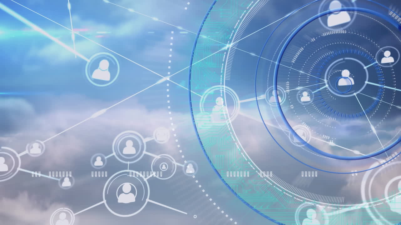 파란 하늘을 배경으로 연결 아이콘의 둥근 스캐너와 웹