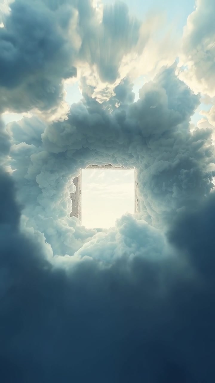 Video verticale: Tunnel di nuvole che si sposta, aprendo varchi con la luce solare crescente, rivelando un portale quadrato.