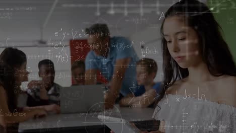 Mathematical-equations-floating-against-caucasian-girl-using-digital-tablet-at-elementary-school