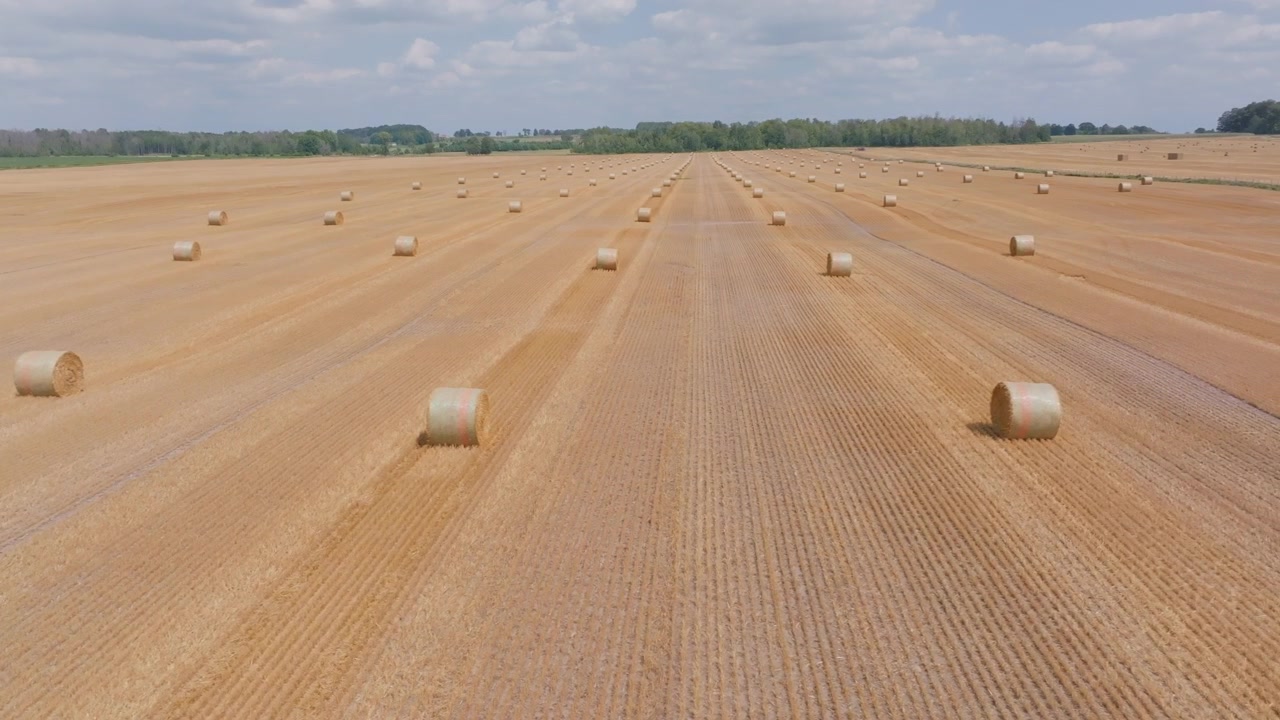 The camera flies smoothly over a harvested agricultural field, passing close to a large round straw bale. Parallel tracks pattern the golden ground in Bruce County, Ontario.