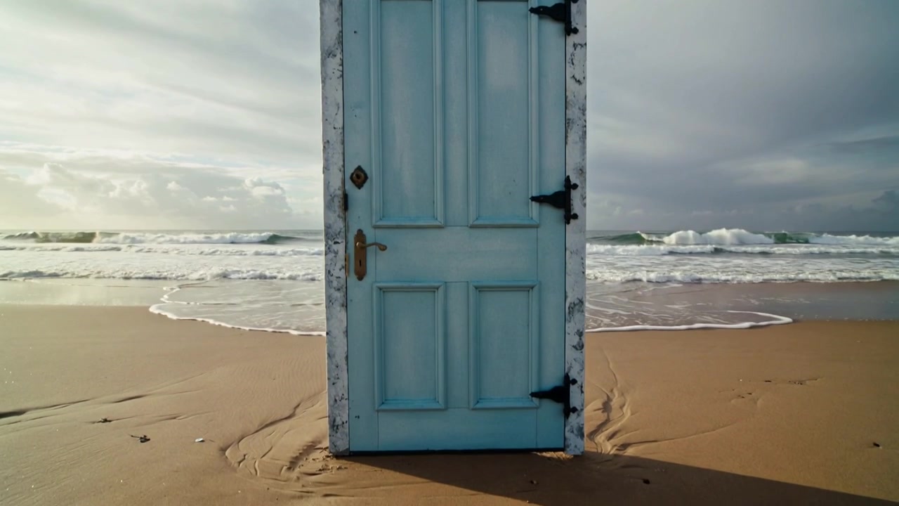 Una porta azzurra in piedi con maniglia in ottone su una riva sabbiosa, con le onde in arrivo che si avvicinano e lambiscono la base.