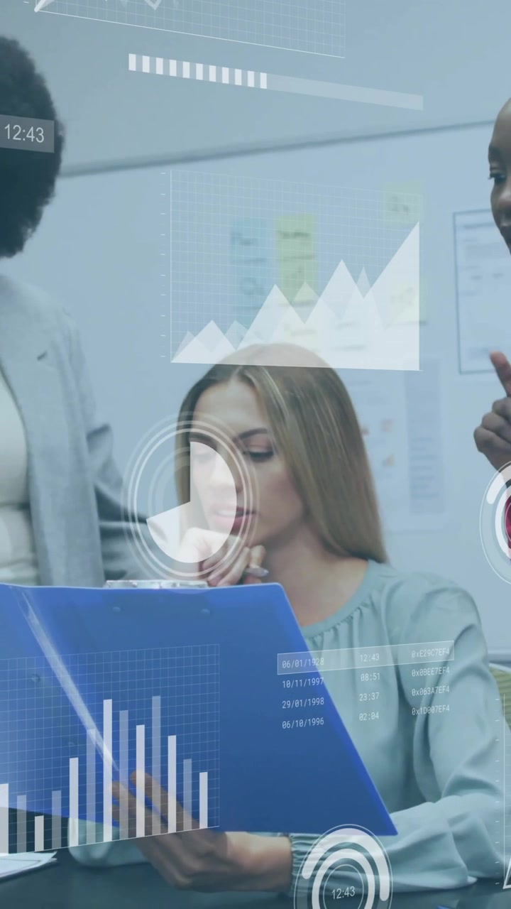 Animation of financial data processing over diverse colleagues discussing work in office