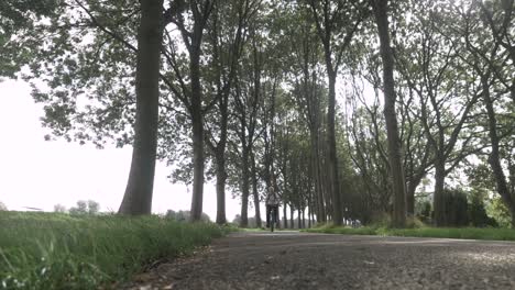 a ground angle shot of a young healthy woman cycling home, through beautiful woodland