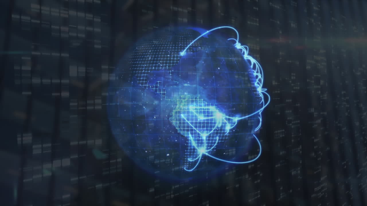 animación de puntos que forman líneas en el globo sobre barras contra un fondo negro