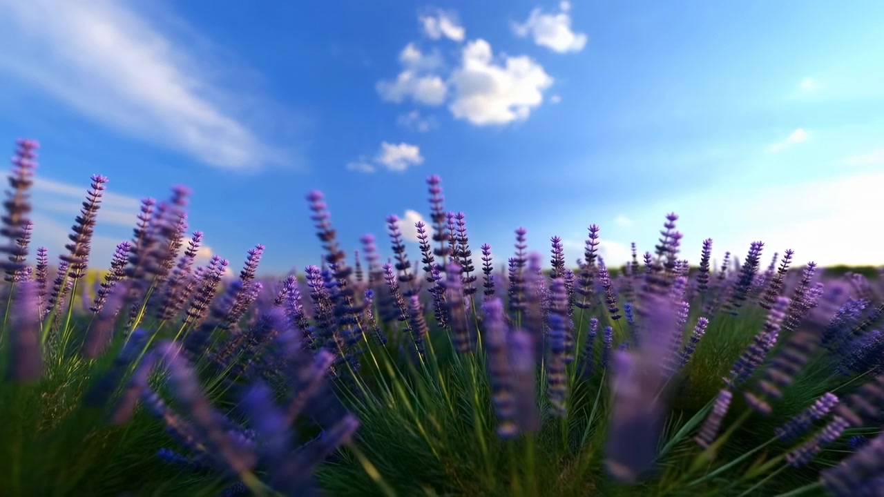 Fiori di lavanda viola si ergono sopra il fogliame verde sotto una luce solare soffusa, con nuvole sparse che si muovono in un cielo azzurro limpido in un tranquillo paesaggio naturale.