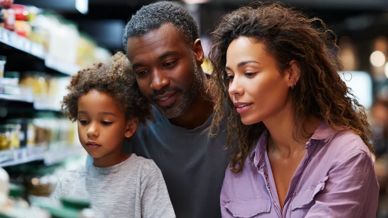 A Family's Journey through the Grocery Store Aisles: Together, They Explore and Choose Healthy Choices, Engaging in Meaningful Conversations Amidst the Rows of Colorful Canned Goods and Condiments