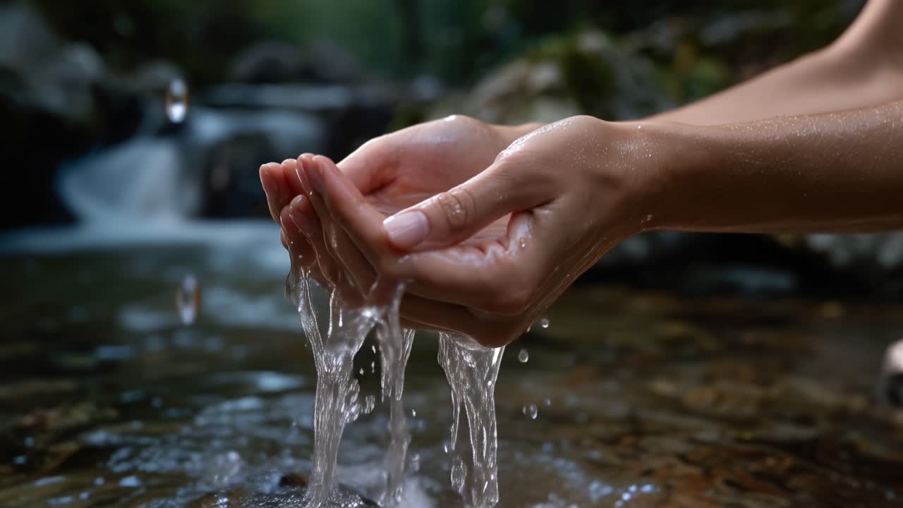 Un momento impresionante de la naturaleza: Manos liberando agua fresca en un arroyo sereno, mostrando la belleza y la tranquilidad del flujo de agua natural.