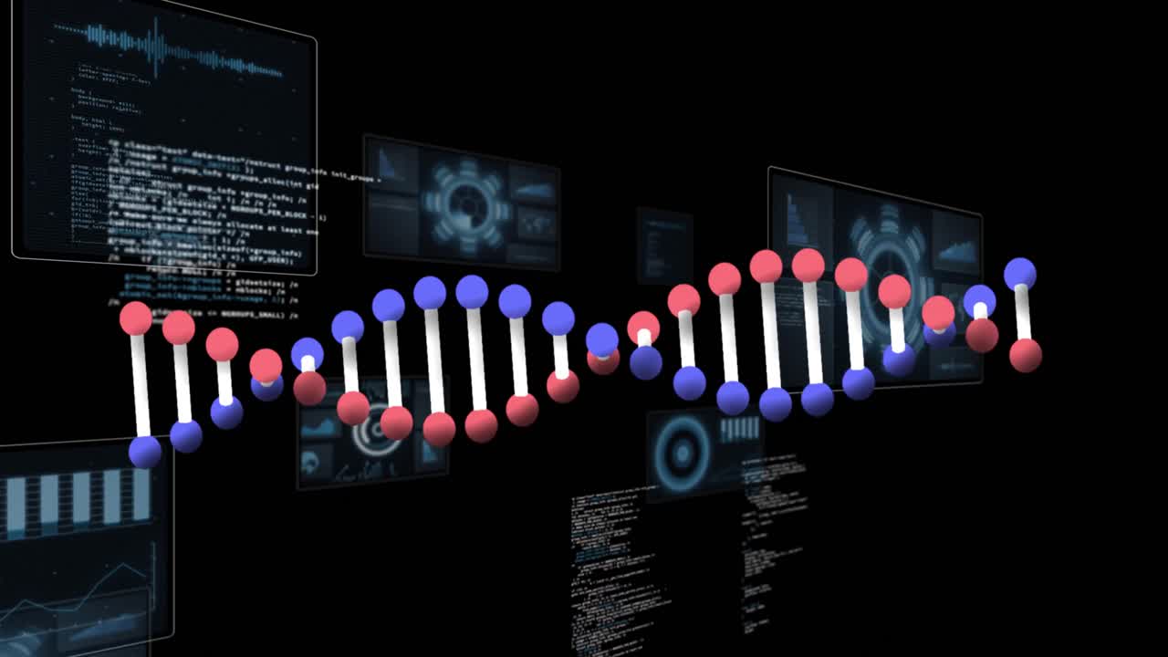 Animation of dna strand and data processing on black background
