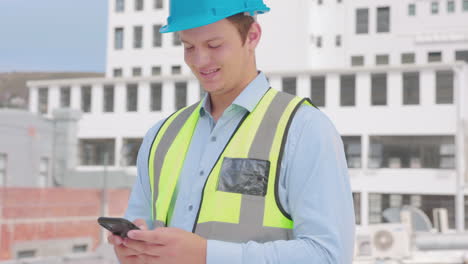 Teléfono,-Edificio-Y-Un-Trabajador-De-La-Construcción