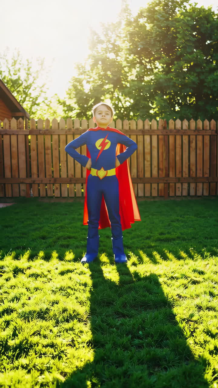 Young Superhero in Backyard